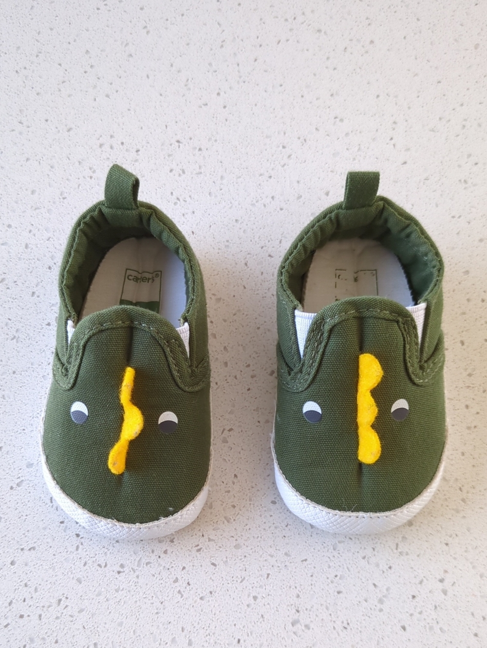 Carter's Olive Green Dinosaur Slip-On Baby Shoes with Yellow Detail
